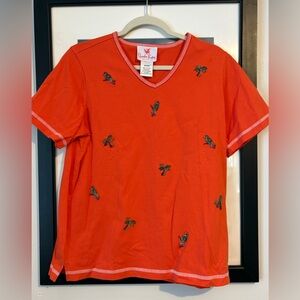 Quacker Factory V-Neck T-Shirt With Beaded Parrot and Palm Tree Embellishments